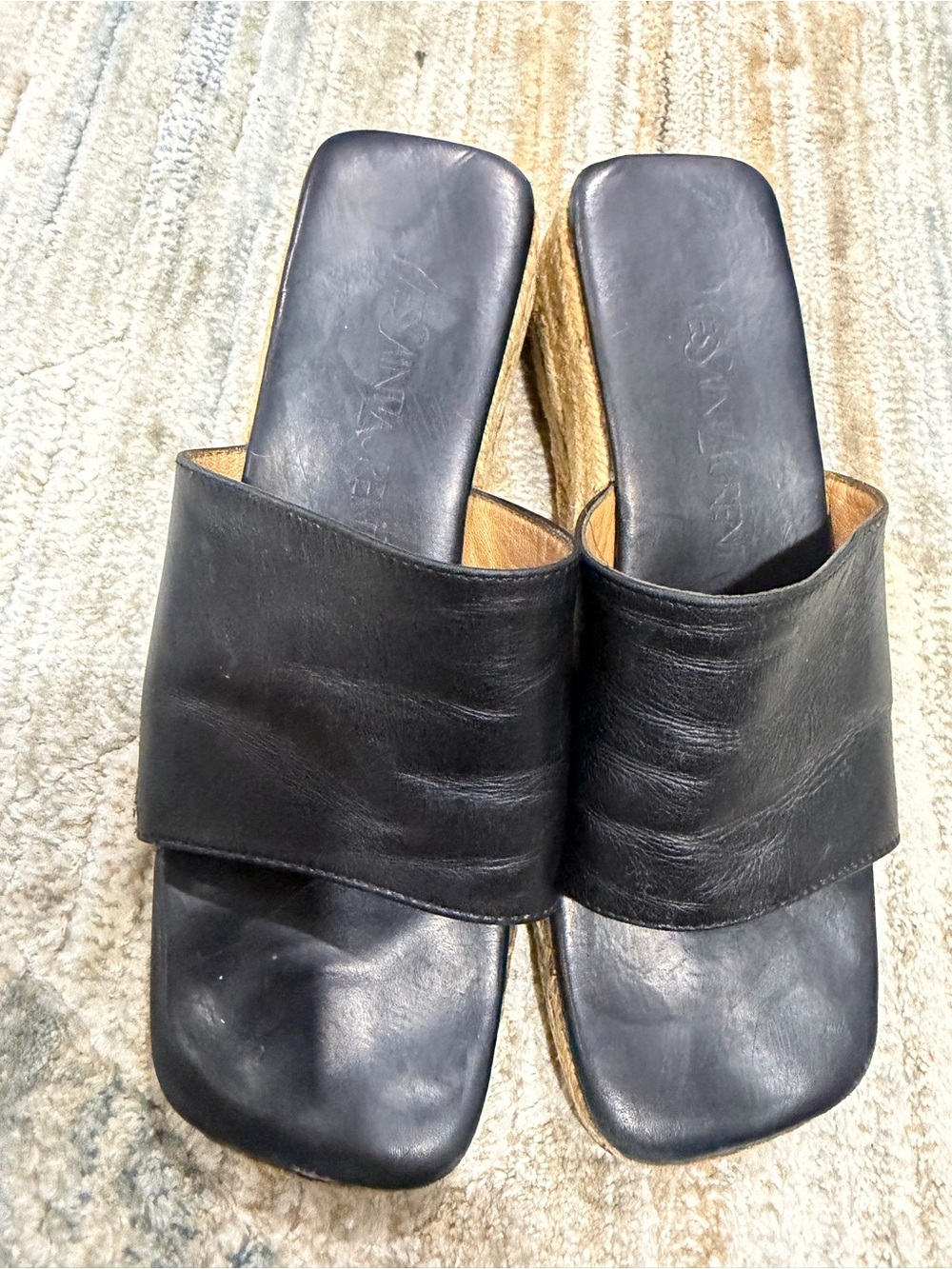 Vintage Yves Saint Laurent Black Leather Espadrille Slides with Natural Jute